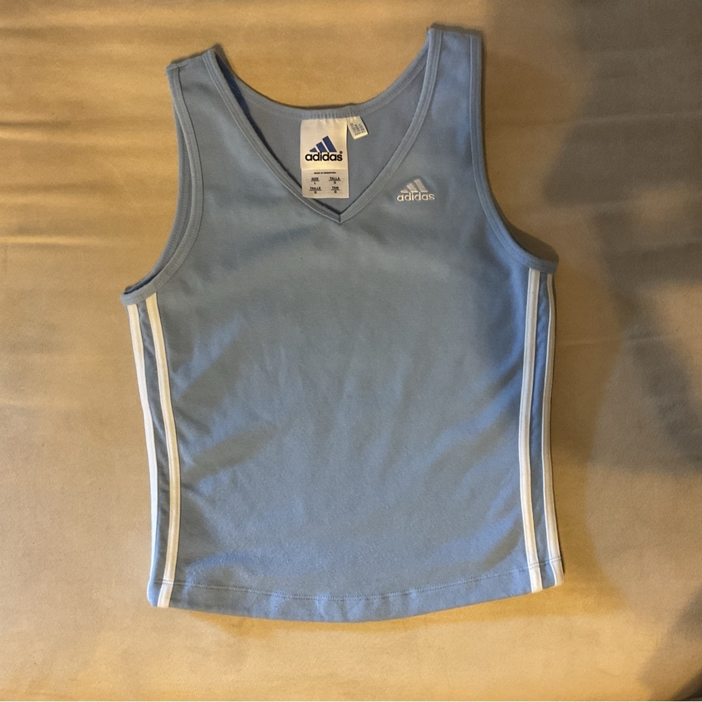 Adidas short waisted 3-Strips tank top front inside lining. Size L, runs small.